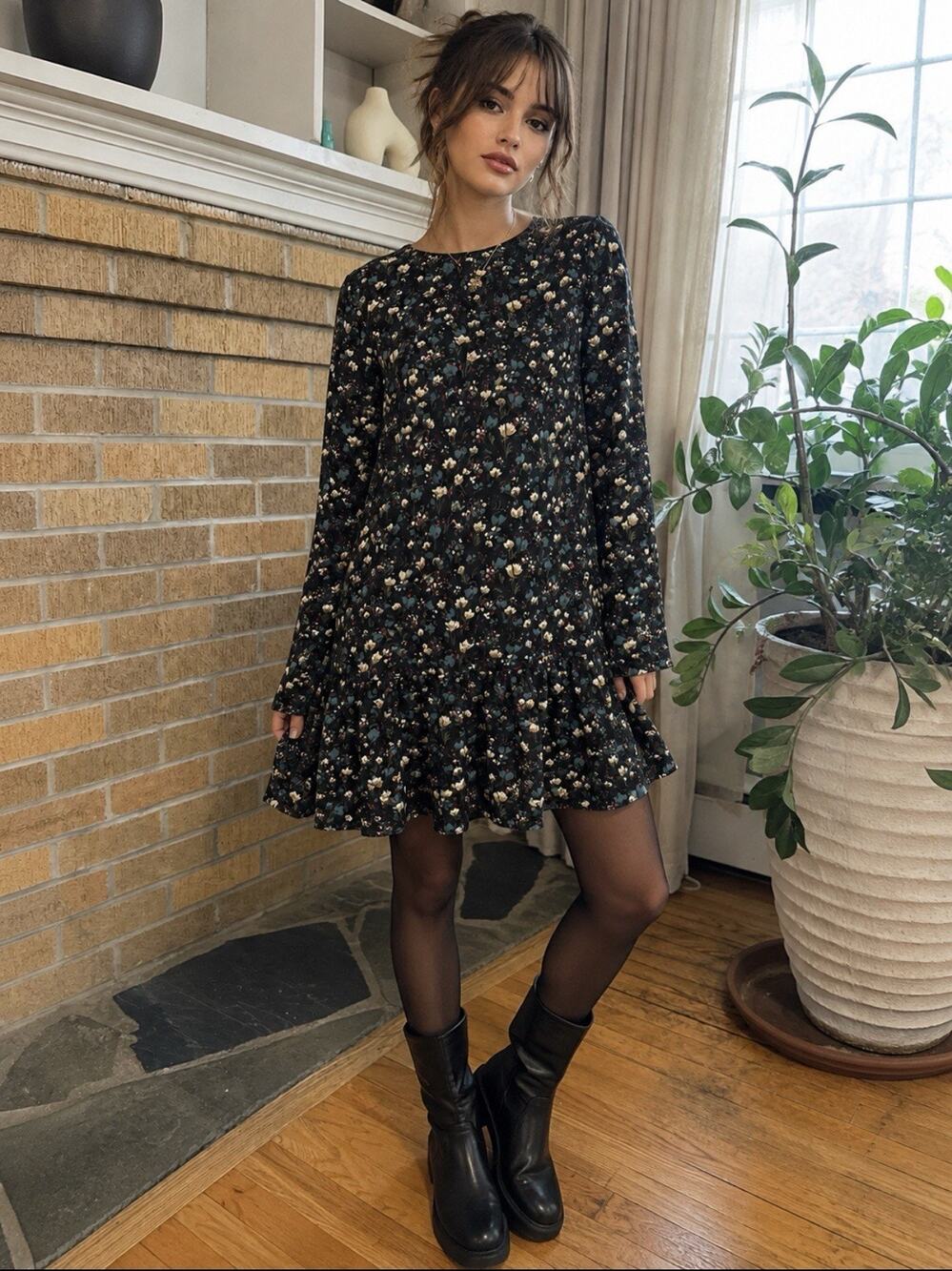 Philosophy Womens Dark Floral Long Sleeve Drop Waist Mini Dress Sz XS Prairie